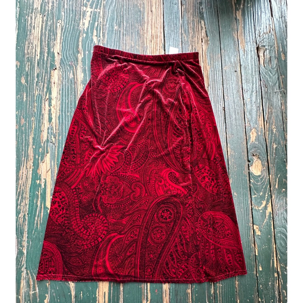Kathie Lee Collection Red Black Paisley Velvet Midi Skirt Elastic Waist XL